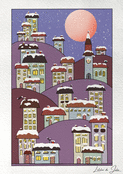 Village enneig&eacute; sous la lune de No&euml;l